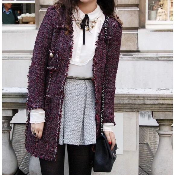 ZARA Long Tweed Jacket Open Front Fringe Trim Military Style Coat Blogger Fav - Picture 2 of 11